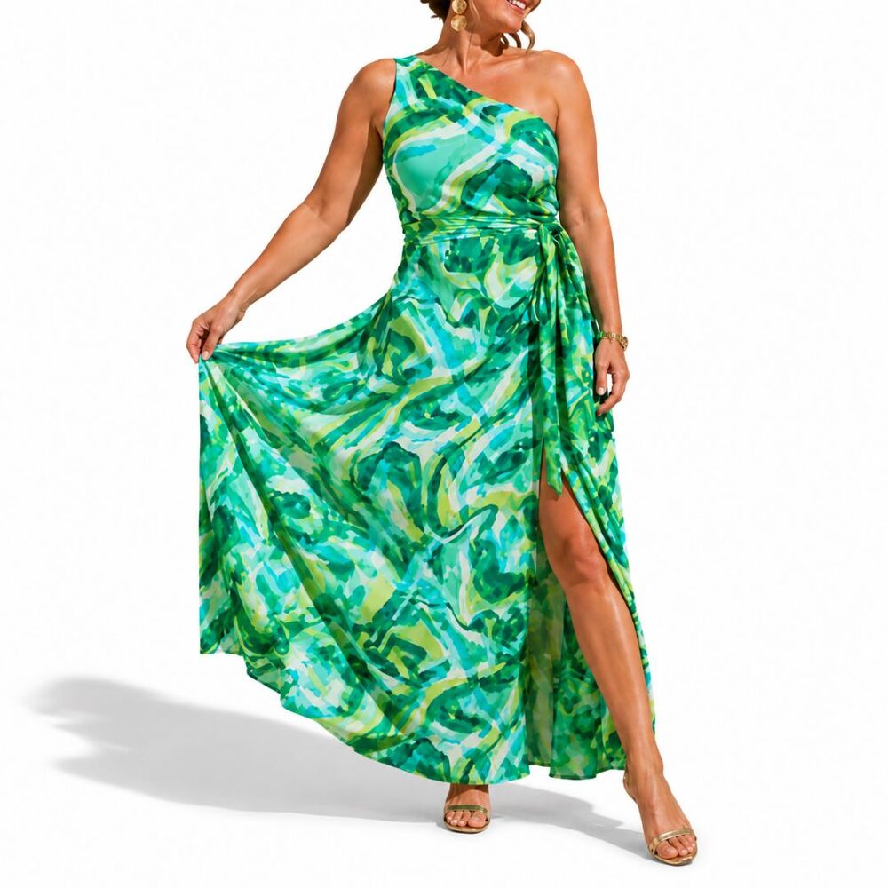 Nicole Miller Satin One Shoulder Maxi Dress 10 Green Watercolor Slit Formal Gown